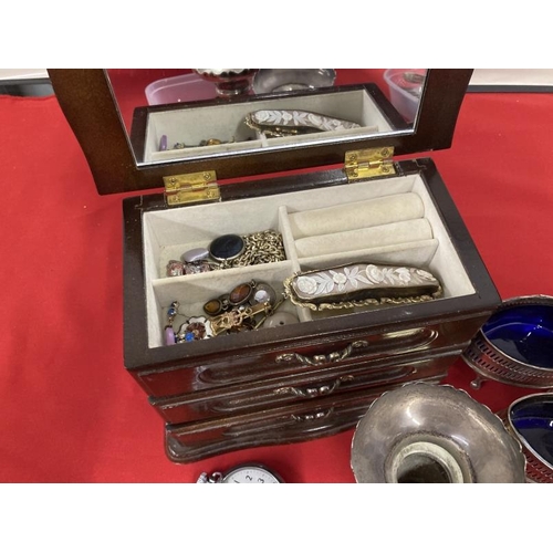 221 - Costume Jewellery & Silver Plate: Small jewellery box in the form of a chest of drawers and two cont... 