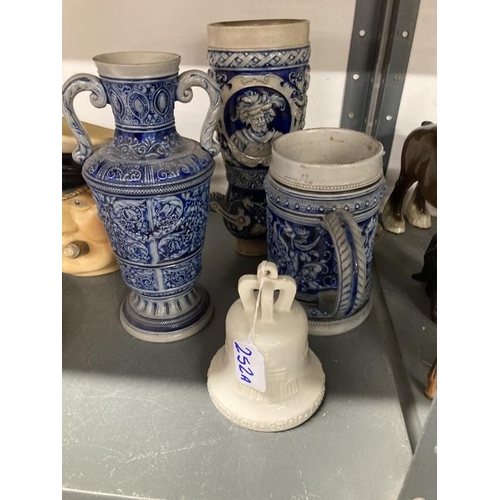 252A - Late 19th/early 20th cent. German salt glaze blue pottery boot, two handled vase, both impressed Ger... 