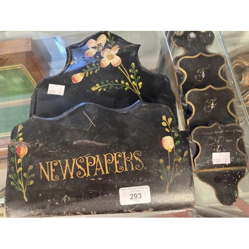 293 - 19th cent. Toleware hanging newspaper rack painted with flowers and a similar letter rack.