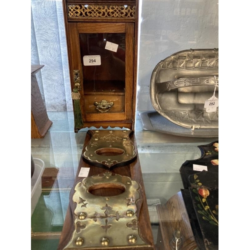 294 - 19th cent. Oak display cupboard with glazed door, pierced brass gallery, with key, hardwood and bras... 