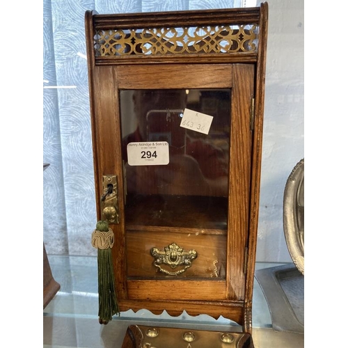 294 - 19th cent. Oak display cupboard with glazed door, pierced brass gallery, with key, hardwood and bras... 