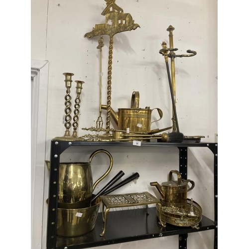 30 - 19th cent. and later Metalware: Brass open twist candlesticks, a pair 12ins, set of three Punch & Ju... 