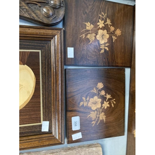 308 - Treen marquetry Italian inlaid wood plaque of flowers. 26½ins. x 8¼ins. Two smaller plaques inlaid w... 