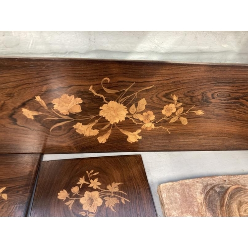 308 - Treen marquetry Italian inlaid wood plaque of flowers. 26½ins. x 8¼ins. Two smaller plaques inlaid w... 