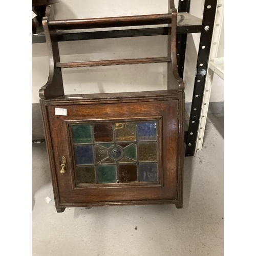 32 - Late 19th cent. Oak smoker's wall hanging cabinet with shaped gallery top, coloured glass panel to t... 