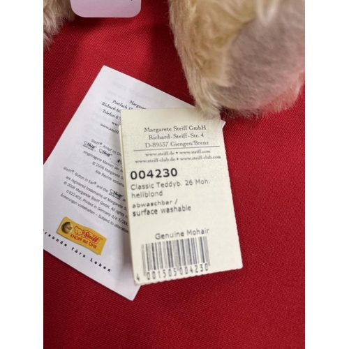 321 - Toys: Steiff blonde mohair bear, yellow label to ear, round red/white label to chest, Made in German... 