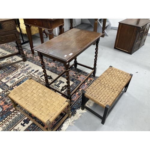 34 - 20th cent. Oak side table with double helix twist turned supports plus two rattan footstools.