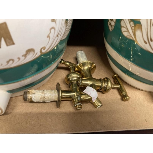 356 - Breweriana: 19th cent. Ceramic barrels in mint green with gilt lettering Brandy and Rum, one with li... 