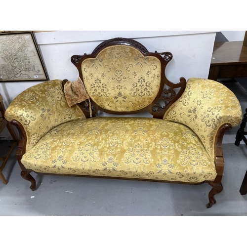 38 - Edwardian upholstered mahogany two seater Grand Salon sofa, cabriole supports.