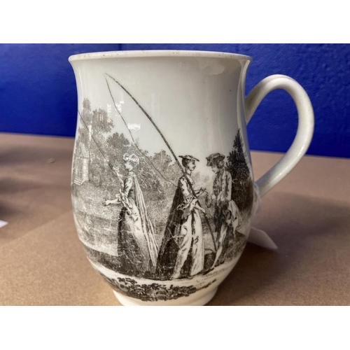 388 - Worcester: Two printed Worcester mugs c1760, one bell shaped and printed with the Whitton Anglers, t... 