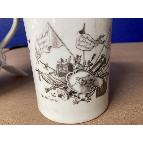 388 - Worcester: Two printed Worcester mugs c1760, one bell shaped and printed with the Whitton Anglers, t... 