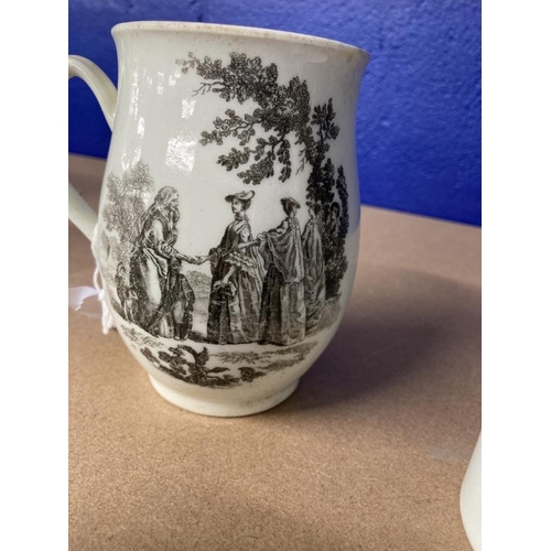 388 - Worcester: Two printed Worcester mugs c1760, one bell shaped and printed with the Whitton Anglers, t... 