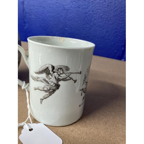 388 - Worcester: Two printed Worcester mugs c1760, one bell shaped and printed with the Whitton Anglers, t... 