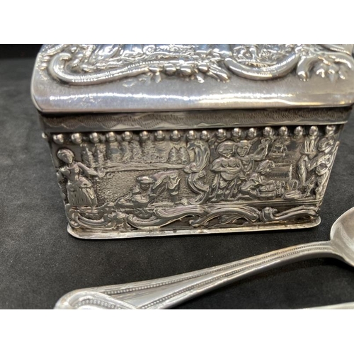 398 - White metal trinket box with Dutch export marks and English import marks plus other Dutch marks. Rep... 