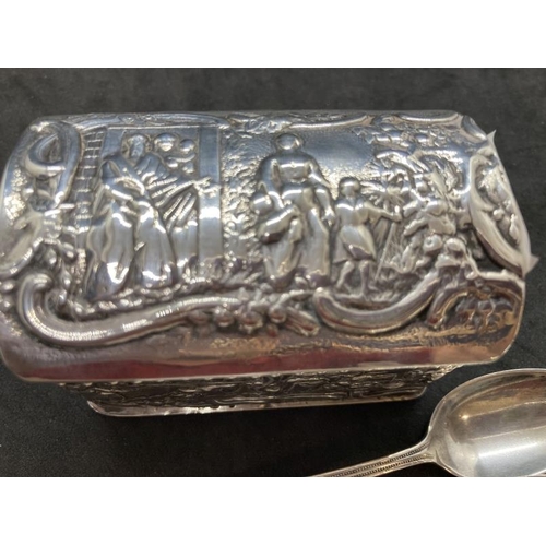 398 - White metal trinket box with Dutch export marks and English import marks plus other Dutch marks. Rep... 