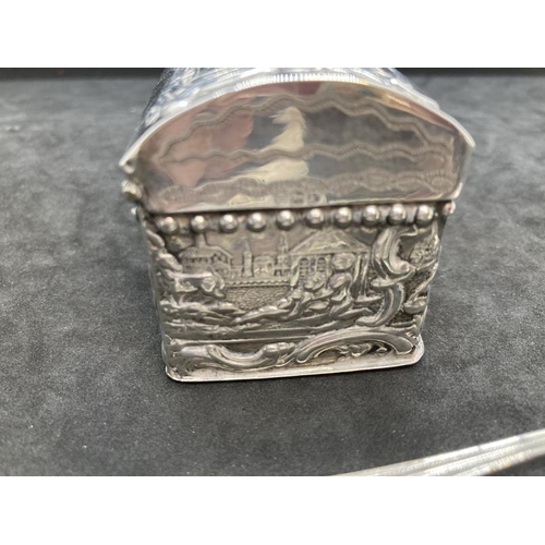 398 - White metal trinket box with Dutch export marks and English import marks plus other Dutch marks. Rep... 