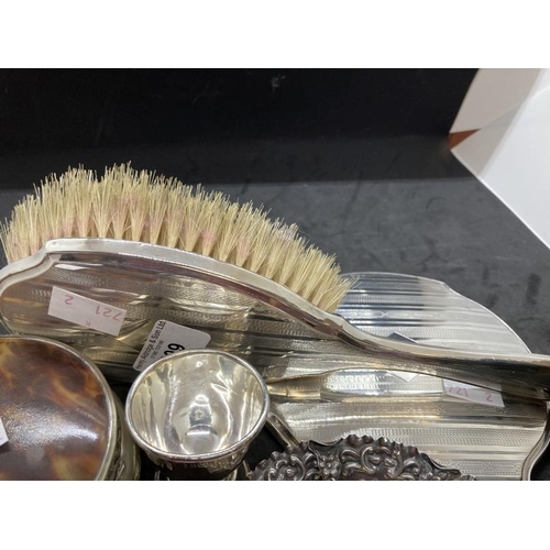 409 - Hallmarked Silver: Two napkin rings and a silver egg cup. 2.3ozt. Hallmarked hand mirror and brush, ... 