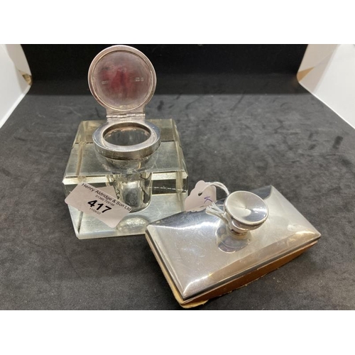 417 - Hallmarked Silver: Silver and glass cube inkwell with silver and treen blotter.