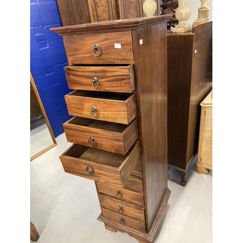 46 - 20th cent. Hardwood narrow ten drawer tall chest of drawers. 16ins. x 17ins. x 53ins.