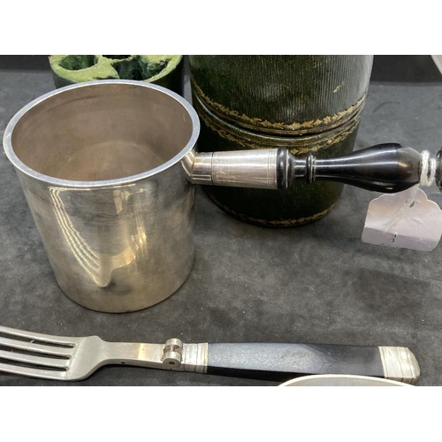 471 - 19th cent. French silver campaign picnic set - comprising cup with turned treen handle, folding fork... 