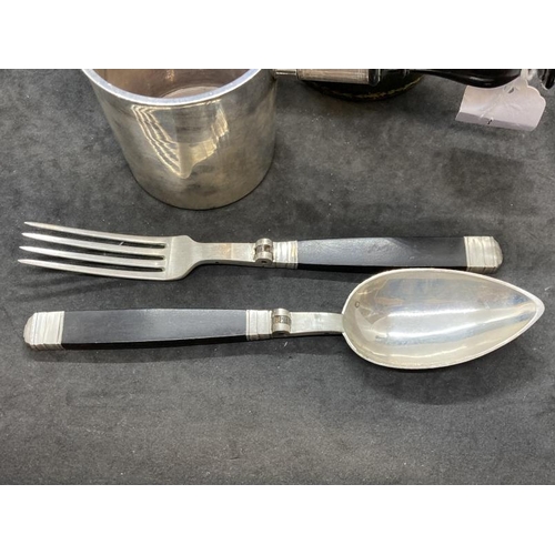 471 - 19th cent. French silver campaign picnic set - comprising cup with turned treen handle, folding fork... 