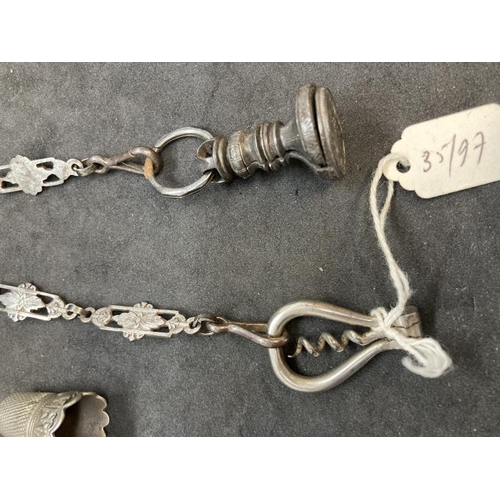 473 - Corkscrew/Wine Collectibles: French Chatelaine in bright cut steel, 4 hangers, instruments include a... 