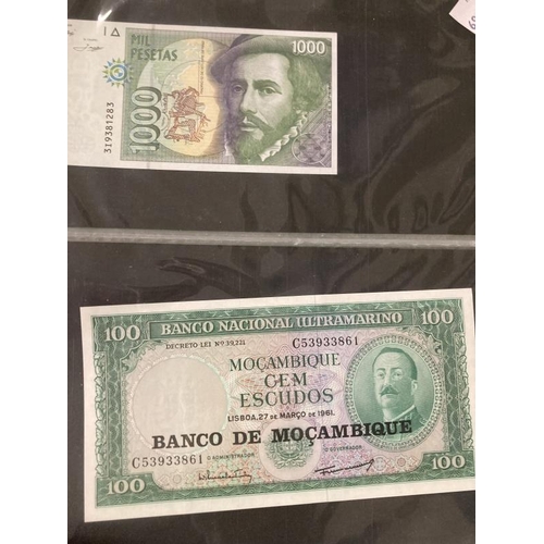 492 - Numismatics: Banknotes, an album containing thirty eight World notes including Mozambique 100 Escudo... 