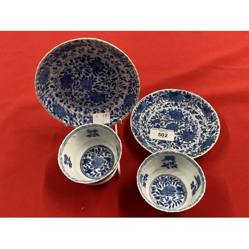 502 - Chinese: K'ang-hsi period (Kang-Xi) tea bowl and saucer, blue and white floral pattern (chrysanthemu... 