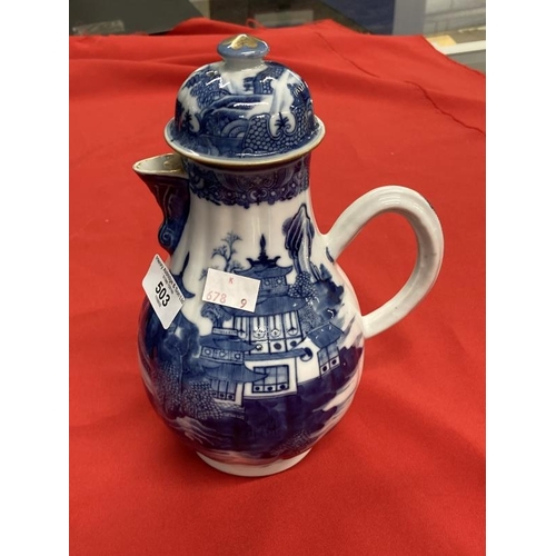 503 - 18th cent. Chinese export blue and white coffee pot and cover with building and landscape decoration... 