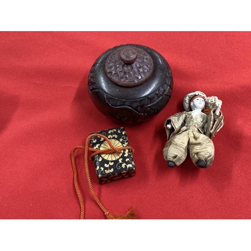 504 - Asian Collectibles: Small oriental doll with bisque head and hands, lacquer box with gilt decoration... 