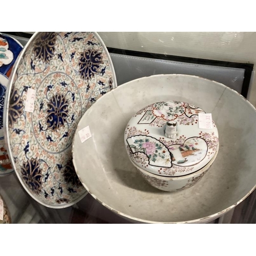 506 - Chinese/Asian Porcelain & Pottery: Includes Guangxu mark and period dinner plate 9¼ins, two rice pat... 