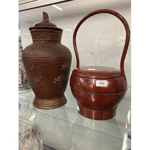 510 - Late 19th/early 20th cent. Chinese lacquer wedding basket, plus a faux wickerwork example with gilt ... 