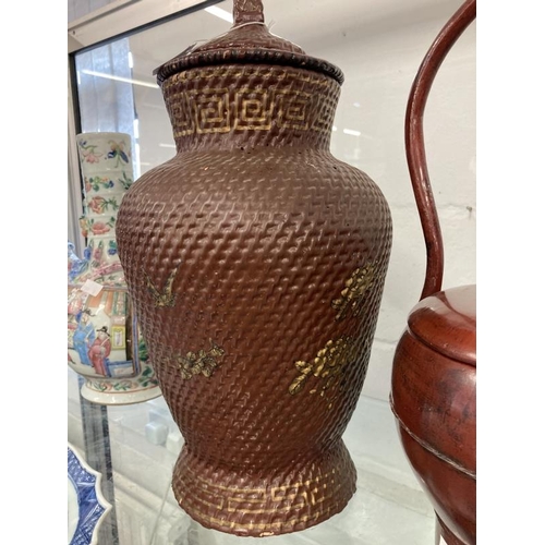 510 - Late 19th/early 20th cent. Chinese lacquer wedding basket, plus a faux wickerwork example with gilt ... 