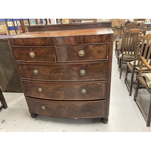 60 - Early 19th cent. Mahogany bow front chest of two over three drawers with a cross banded top, round b... 