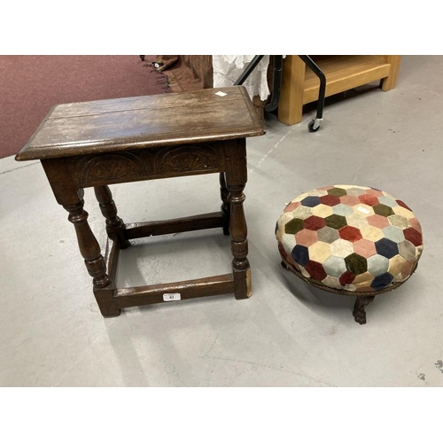 61 - 20th cent. Oak joint stool and a footstool with patchwork upholstered top.