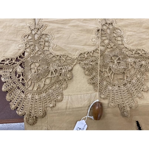 71 - Early 20th cent. Embossed linen blinds with lace borders, a pair. Total drop 88ins. x 40ins.