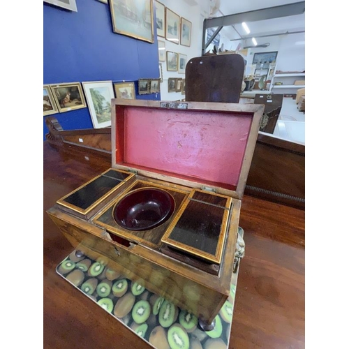 112 - 19th cent. Rosewood sarcophagus tea box with fitted interior and lion's head handles.