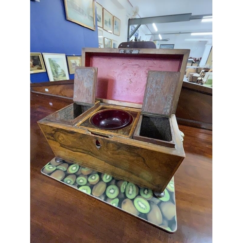 112 - 19th cent. Rosewood sarcophagus tea box with fitted interior and lion's head handles.