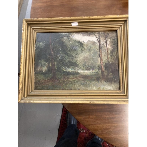 167 - 19th cent. Oil of a forest landscape in a gilt frame. 9½ins. x 13¼ins. Plus an oil of a walking figu... 