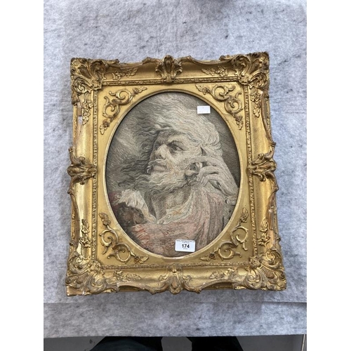 174 - 19th cent. Woolwork picture probably depicting Moses, in a glazed gilt frame. 13ins. x 10ins.