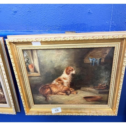 178 - Circle of George Armfield, Terriers by a Fox Den, Spaniels by the Fire, both oil on board, framed. 8... 