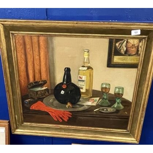 181 - Marta Stubbs: 20th cent. Oil on canvas still life with bottles, glasses, cigarette box and red glove... 