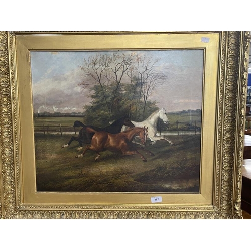 187 - James Clark (1812-1888): Oil on canvas, three galloping horses in a field with a locomotive in the b... 