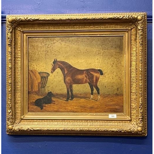 189 - Edward Garraway: 19th cent. Oil on canvas, horse and dog in stable, signed lower right Edward Garraw... 