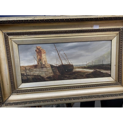 193 - 19th cent. Oil on canvas, harbour scene in gilt frame, indistinctly signed. 7½ins. x 17½ins. Plus ni... 