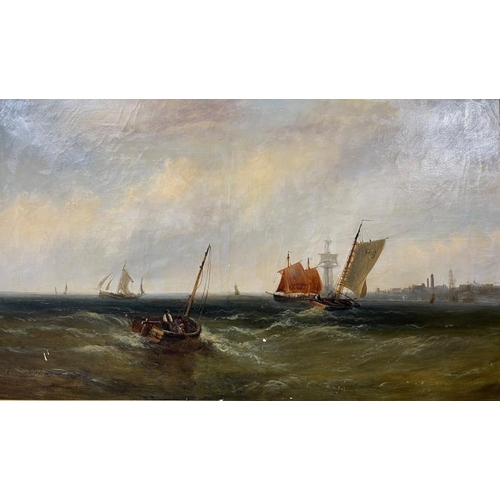 199 - J.W. Callow: Flourished 1860 oil on canvas, a maritime study sailing ships in rough seas off a coast... 