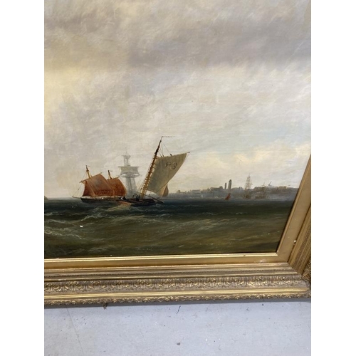 199 - J.W. Callow: Flourished 1860 oil on canvas, a maritime study sailing ships in rough seas off a coast... 