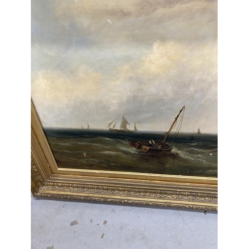 199 - J.W. Callow: Flourished 1860 oil on canvas, a maritime study sailing ships in rough seas off a coast... 