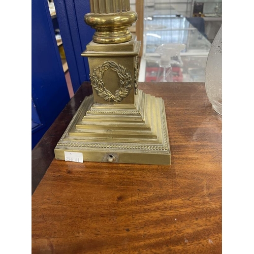 3 - Victorian brass Corinthian column oil lamp, stepped base with laurel wreaths, reeded column, clear g... 