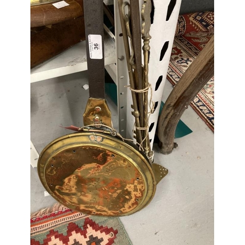 36 - Agricultural Tools & Brassware: 19th cent. Scythe, brass bedpan, oil ladle and fire tools.